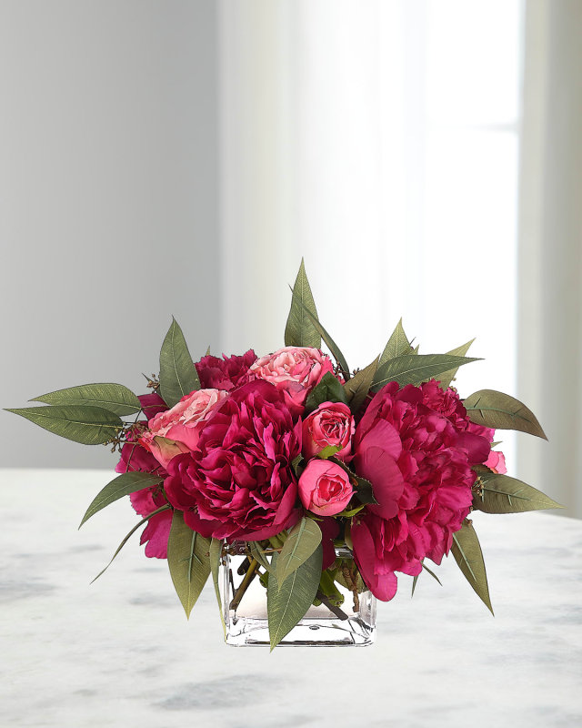Peonies & Roses 15" Faux Floral Arrangement in a Glass Cube